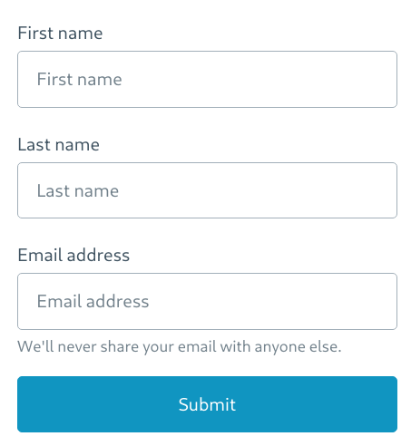 Simple and easy to use Contact Us form with Name and Email fields. This form is very easy to read and understand and works on all devices.