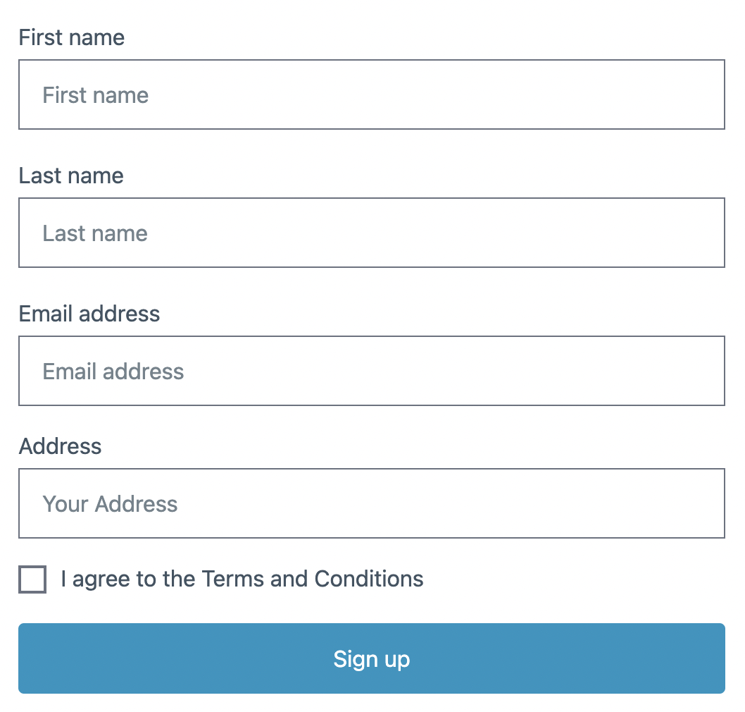 Simple Sign Up form with Email, Full Name and Address. Use this form template to get an instant user for your website.